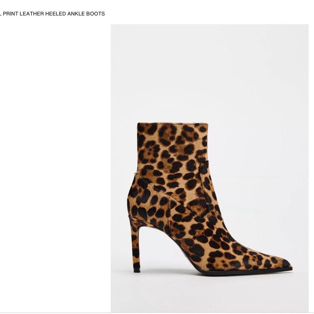ZARA NEW- Animal Leopard Print Leather Heeled Ankle Boots. Size 37. 6.5.